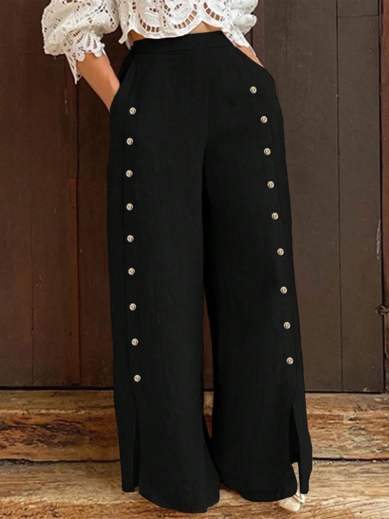 Women Fashion Elastic Waist Pocket Wide Leg Pants Female Button Decor Casual Solid Loose Female Elegant Trousers