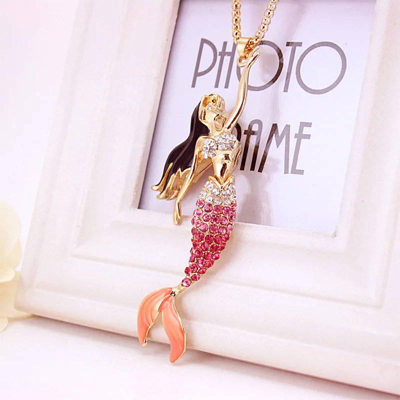 Enamel Crystal Mermaid Fashion Bohemian Long Chain Necklaces Pendants For Women X600