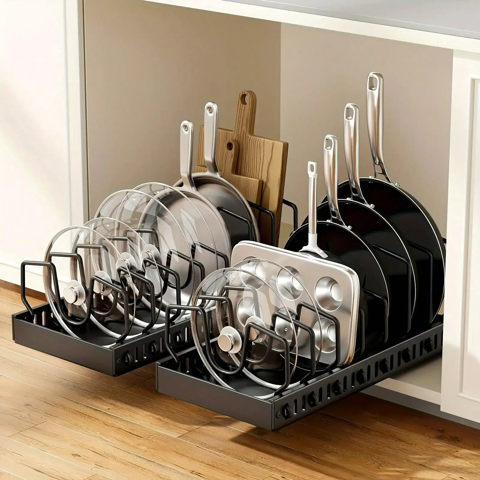 Expandable Pot & Pan Organizer: 7 Adjustable Stainless Steel Dividers - Durable, Rust-Resistant Cabinet Storage