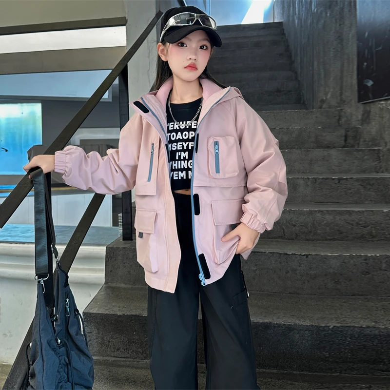 Kids Hooded Jacket Ages 4-14Y Girl Two-Pieces Outfit Toddler Child Sporty Outwear Child Sporty Style Spring Autumn Warm Jacket