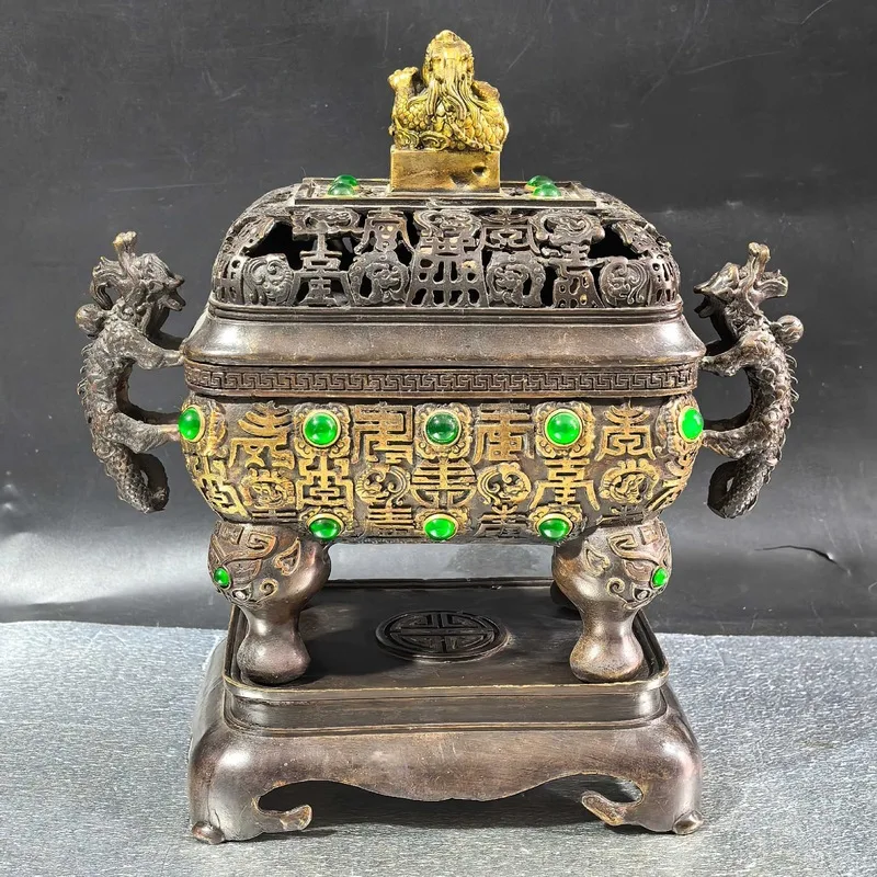 Wholesale antique-style gilded bronze dragon head nostalgic four-legged square censer inlaid with gemstones, decorative crafts,