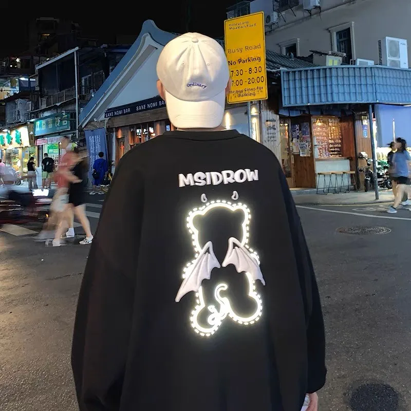 Übergroßer, lockerer, reflektierender Bären-Hoodie für Damen, lässig, bequem, Baumwollmischung, Long Sve, rundes, bedrucktes Sweatshirt