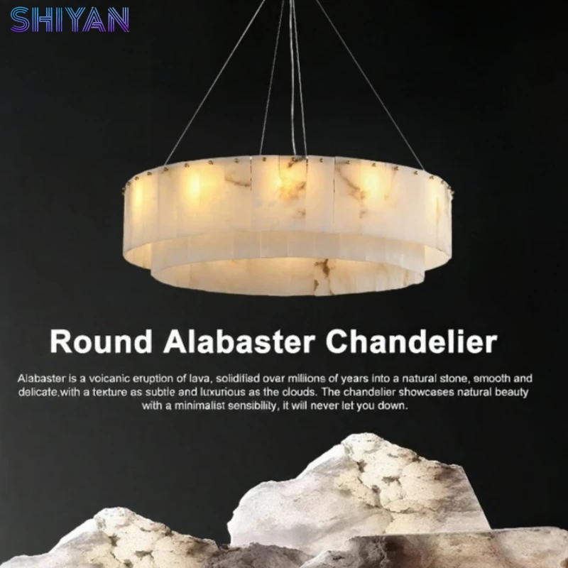 

2026 Spain Natural Marble Pendant Lights for Living Room Dining Room Dimmable Round Alabaster Chandelier Indoor Lighting Fixture