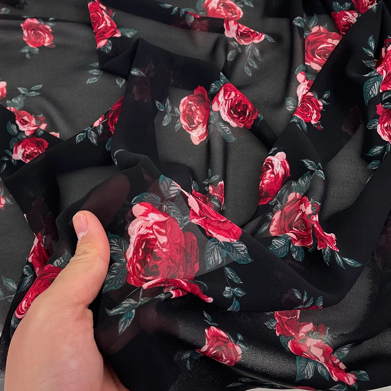 Fashion rose printed chiffon fabric summer thin breathable dress georgette clothing DIY sewing fabric