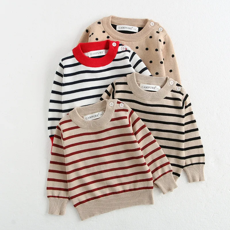 Classic Spring Baby Sweatshirt with Shoulder Buckle 0-3Y Toddler Stripe Knitted Pullover Girls and Boys Loose Base Tops Sweater