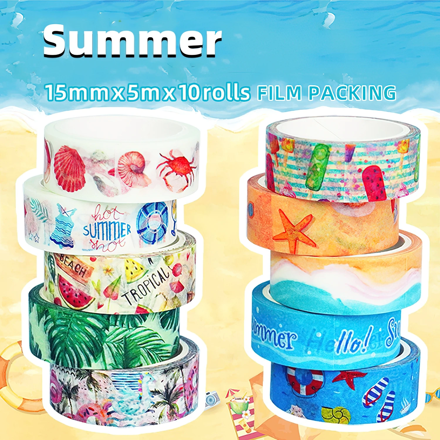 10pcs Summer Washi Tapes Set 15mm*5m Sea Beach Icecream Paper Adhesive Masking Tapes Decoration Stickers F7397