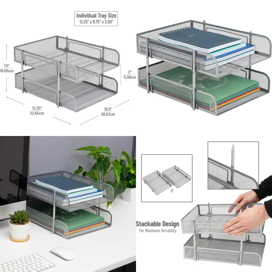 Stackable Paper Tray Desktop Organizer for Office File Storage with Metal Mesh Design Practical Two-Piece Set in Silver Color f