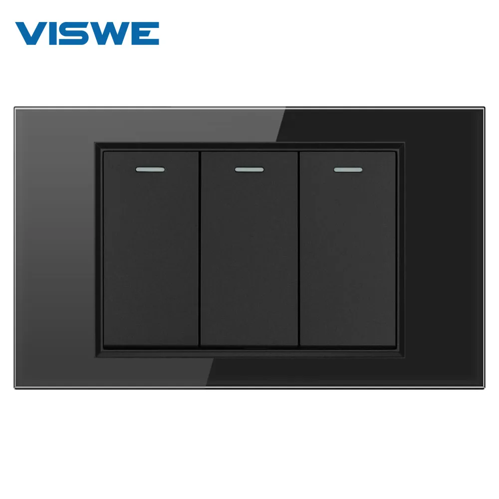 VISWE Wall Electrical Switches Light Switch 1/2/3/4 Gang 2 Way 118mm*72mm Tempered Glass Panel Mechanical Button Switch Black