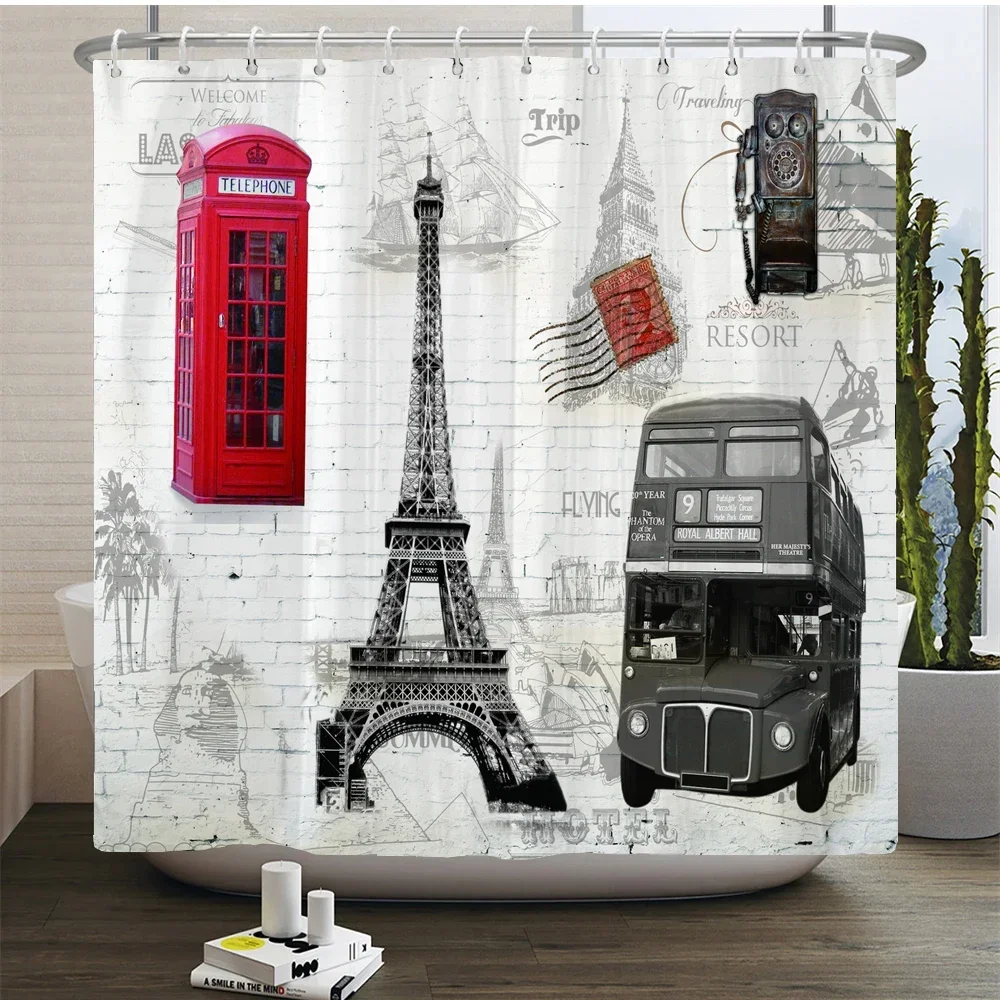 Retro Style 3d Print Shower Curtains Paris Tower Street View Telephone Booth Bath Curtain Waterproof Polyester Bathroom Curtain