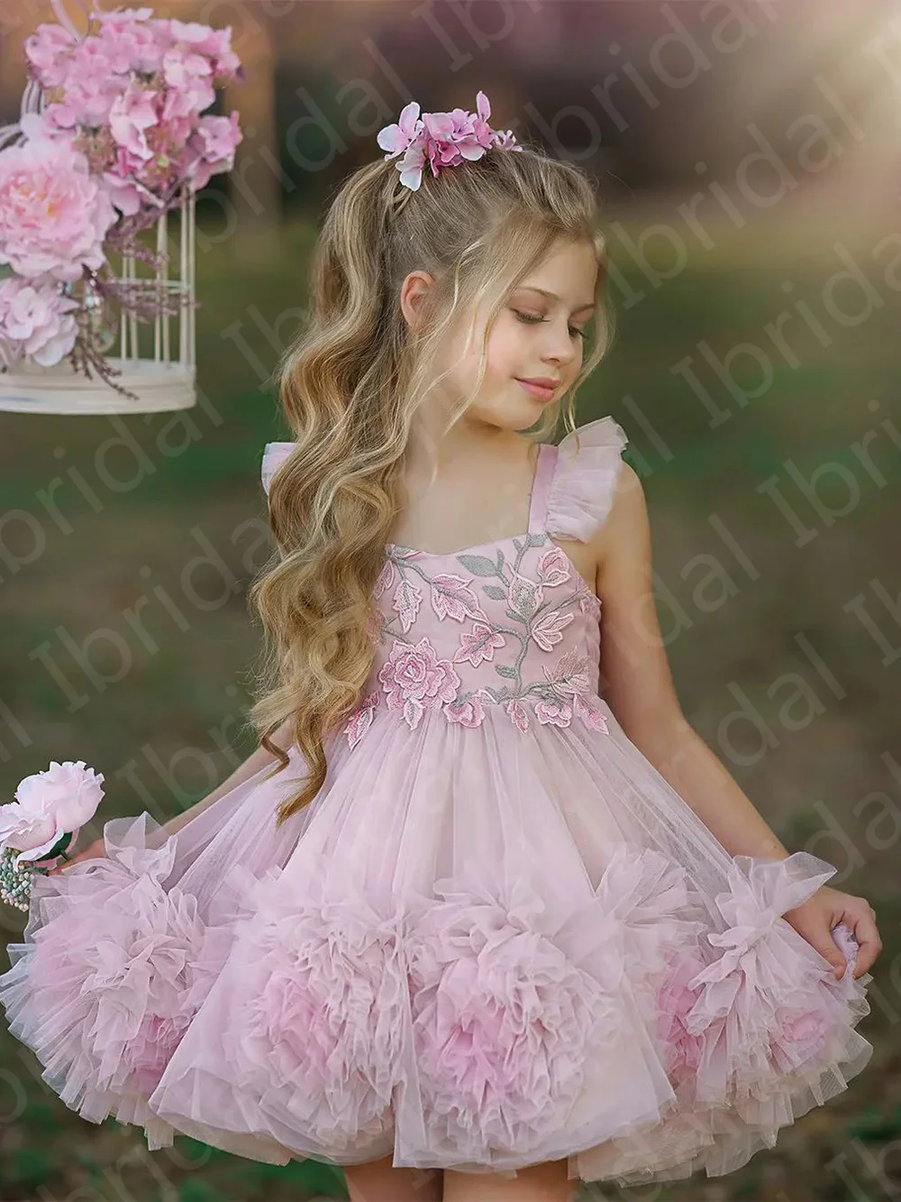 2022 ultimi abiti da ragazza di fiori rosa abito da ballo carino abiti da festa per bambini senza maniche abbigliamento formale Florals lunghezza al ginocchio del bambino