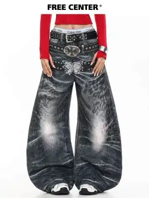 Vintage Butterfly Gothic Distressed Washed Printed Women's Cargo Jeans Pants Trousers for Women Streetwear Casual Denim Pants