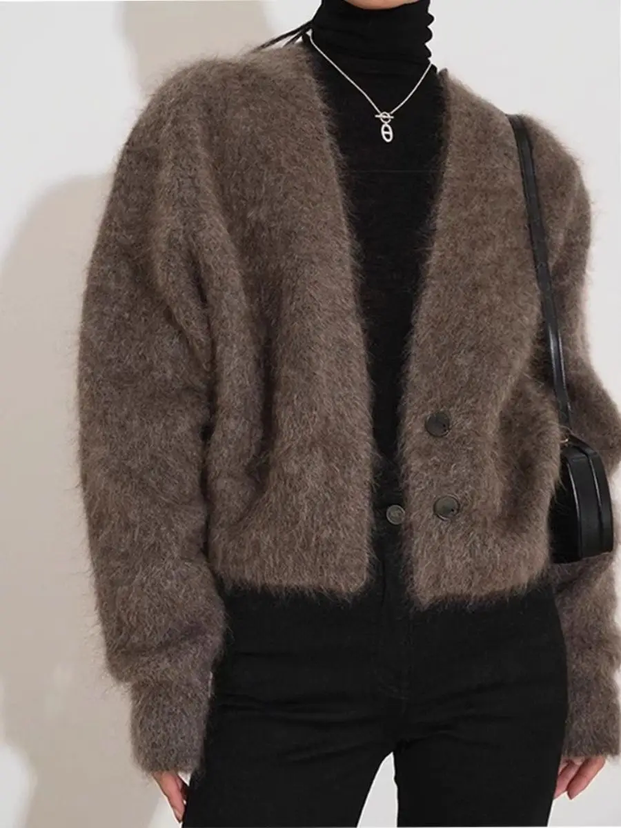 

Retro Brown Sweater Women's Short Style Autumn and Winter New Style High-end Knitted Cardigan Jacket Thick Top