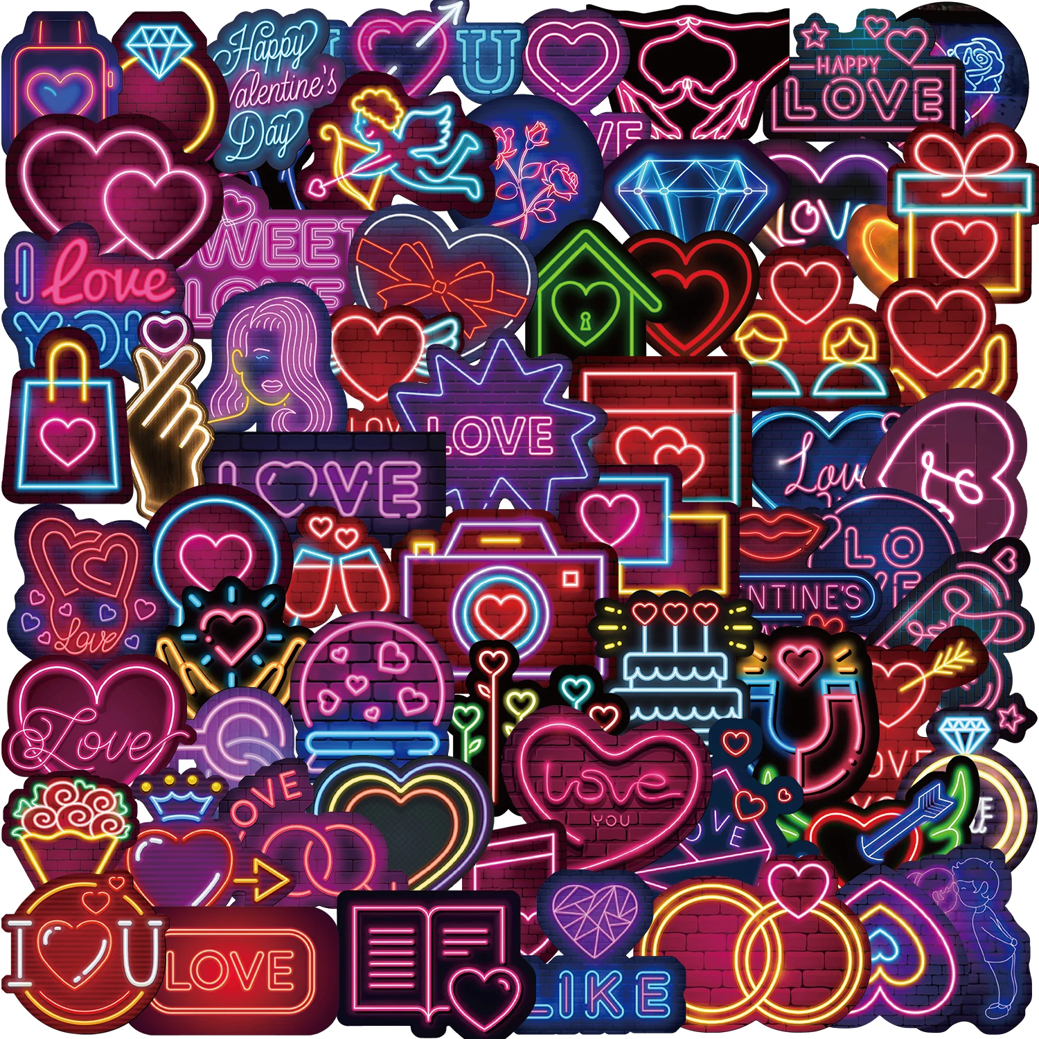 64PCS Cool Neon Light Stickers Trendy Graffiti Waterproof Vinyl Neon Stickers Pack for Phone Creative Decoration DIY Toys