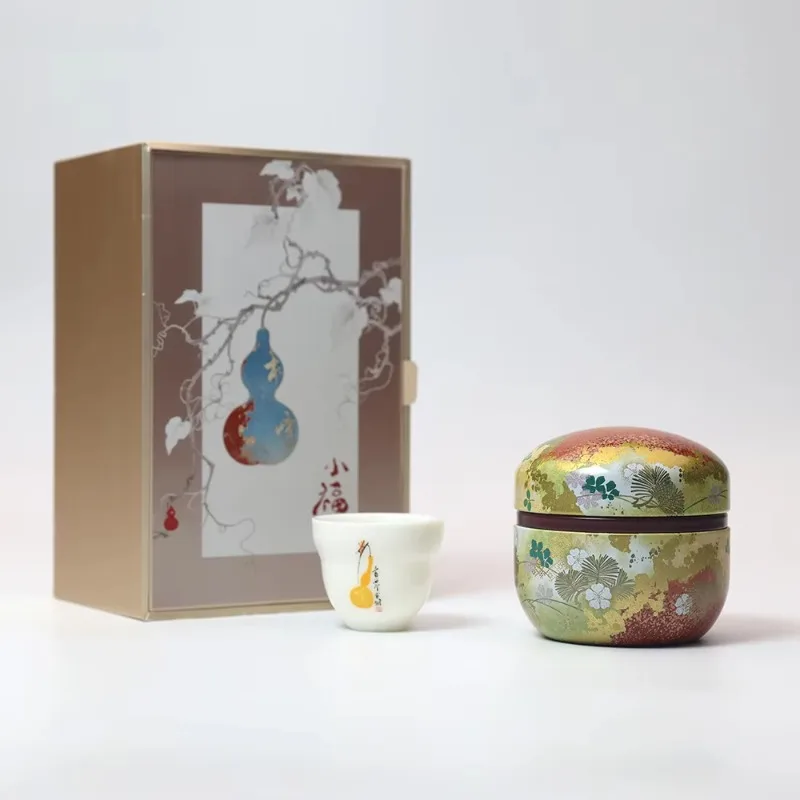 Elegant Oriental Tea Gift Set: Metal Tea Box & Tea Cup with Gift Box