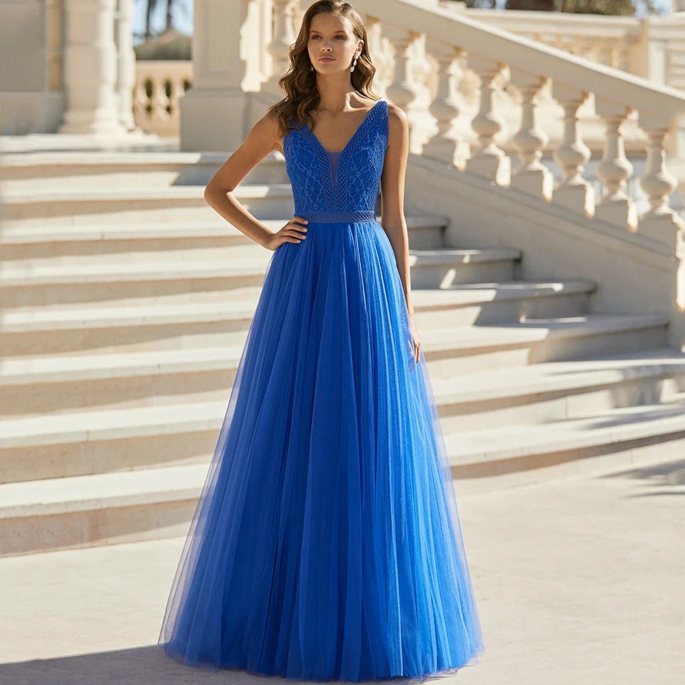 Blue Lace and Tulle Prom Dress Classic V-Neck Sleeveless A-Line Floor Length Women Backless Custom Made Colourful Gowns Robe