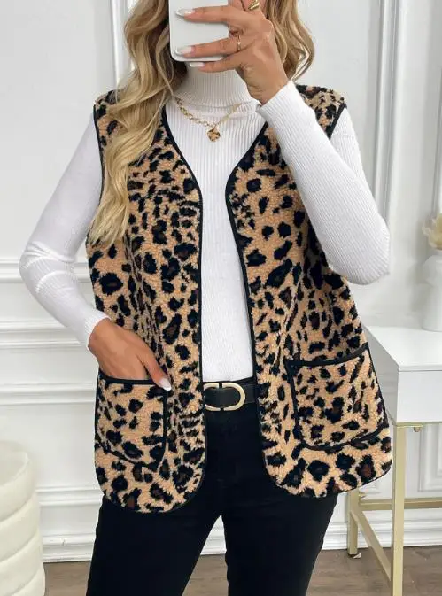 Rompi Wanita 2025 Musim Gugur dan Musim Dingin Mode Baru Motif Leopard Kerah V Tanpa Lengan Desain Saku Jaket Cardigan Kasual Atasan