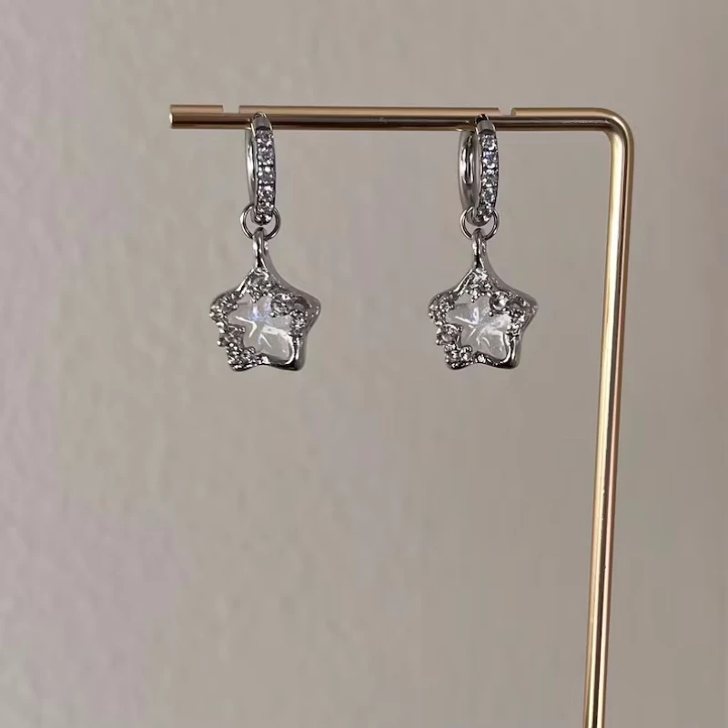 Silver Crystal Star Earrings Stainless Steel Hoop Earrings Shining Clear Star Pendant Cute Dainty Y2k Earrings Jewelry Gift For