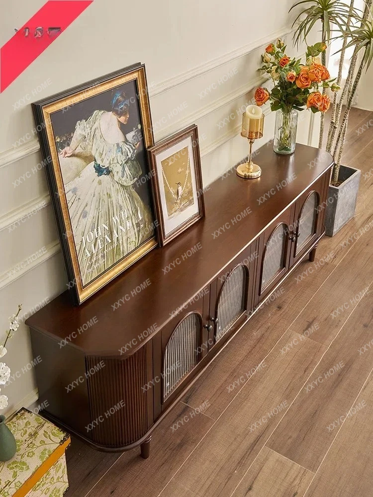 AAStyle Retro Solid Wood TV Cabinet Modern Minimalist Cream Style Glass Locker Living Room Floor Cabine