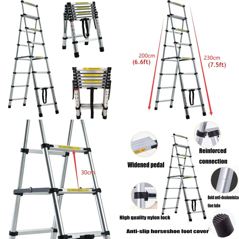 Escalera telescópica de aluminio con marco en A para uso doméstico, diseño en espiga de 14 pies, escalera de extensión multiusos portátil