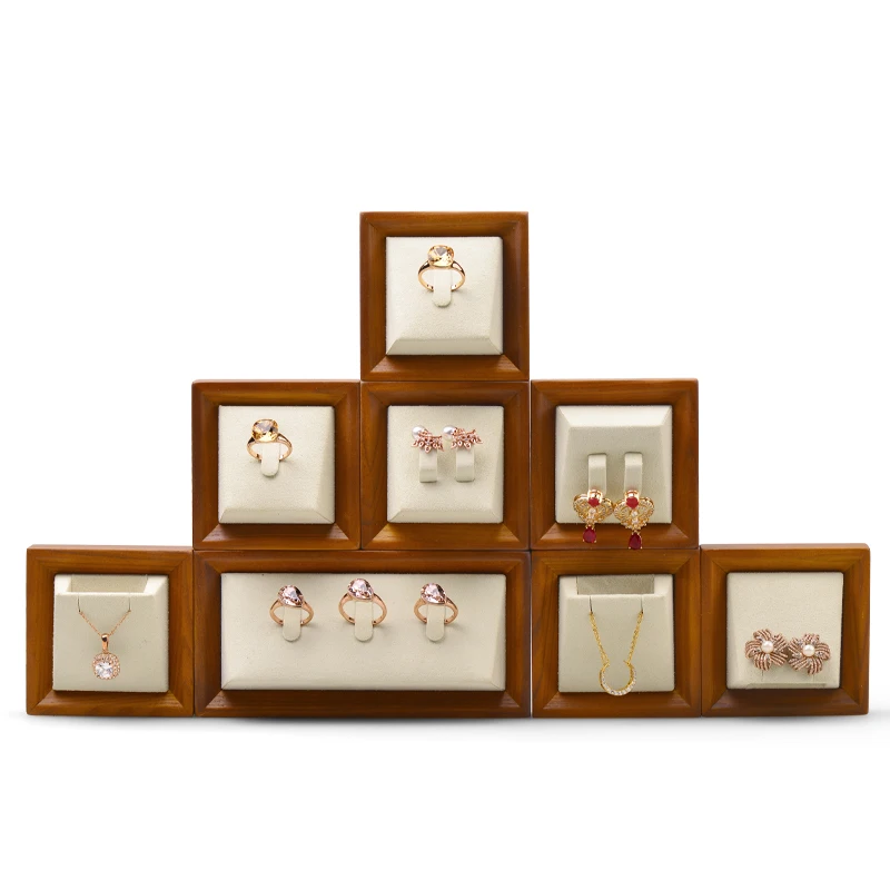 Oirlv Retro Off-white Wooden Jewelry Display Props Set Microfiber Ring Organizer Stands Necklace Display Tray for Shop Cabinet