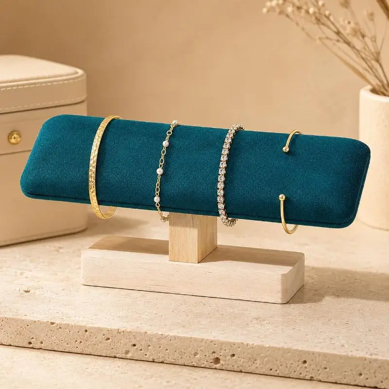 1 Stück T-förmiger Schmuckhalter mit Holzsockel aus PU-Leder und Samt für Armbänder, Uhren, Haarbänder und Schmuckaufbewahrung – Detail 14