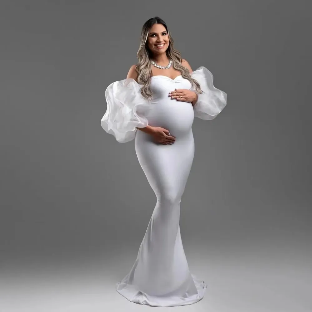 High Sterchy White Long Sheath Maternity Dresses With Puff Short Sleeves Long Robe To Photoshoot Women Maxi Dress