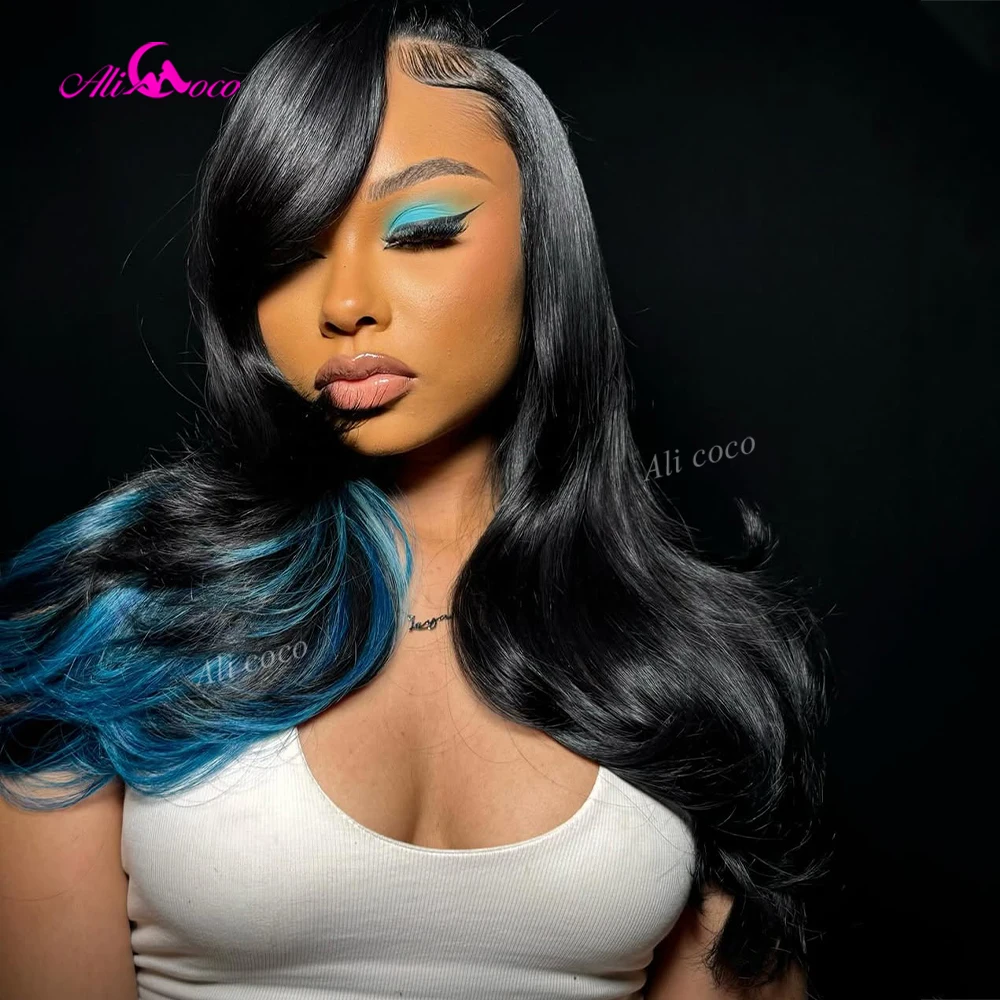 Upgrade 13x6 Drawstring Glueless Wig Black with One Side Blue Color 13x4 Transparent Lace  Body Wave Human Hair Wig 180 Density