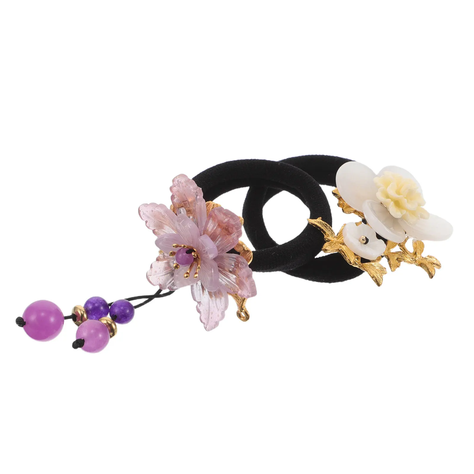 2Pcs Vintage Chinese Style Hair Tie Thick Elastic Ponytail Holders Purple White Soft Stretchy Hair Elastics for Women Daily