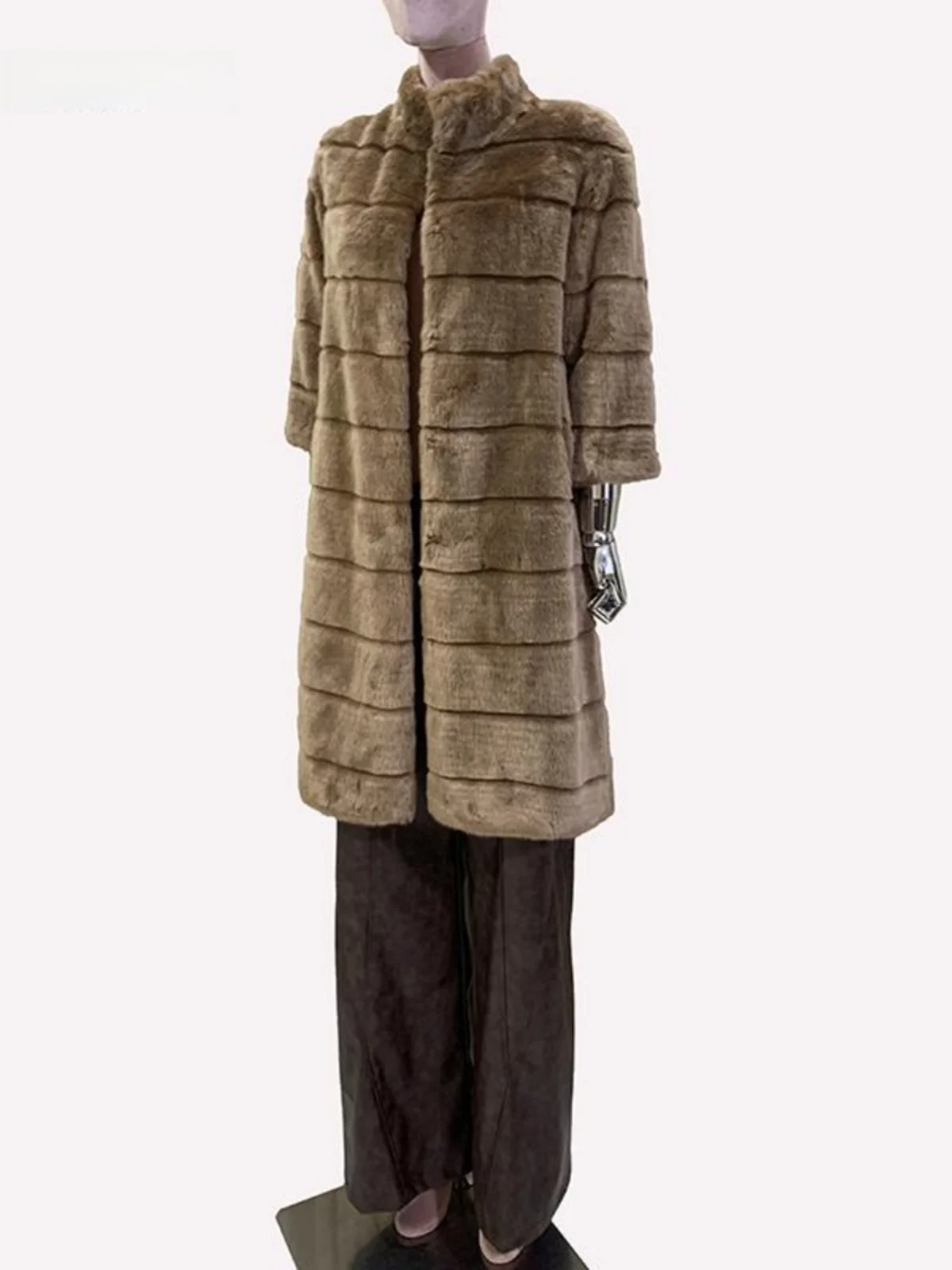 

Женское пальто средней длины из искусственного меха с полосатым узором, осенне-зимнее, экологичное, с воротником-стойкой, удлиненное, класса люкс