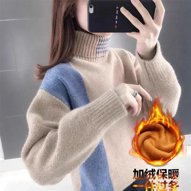 

Turtleneck Plus Velvet Sweater Loose Chenille Autumn Winter Knitted Thickened Color Matching Western Style Bottoming Shirt Top