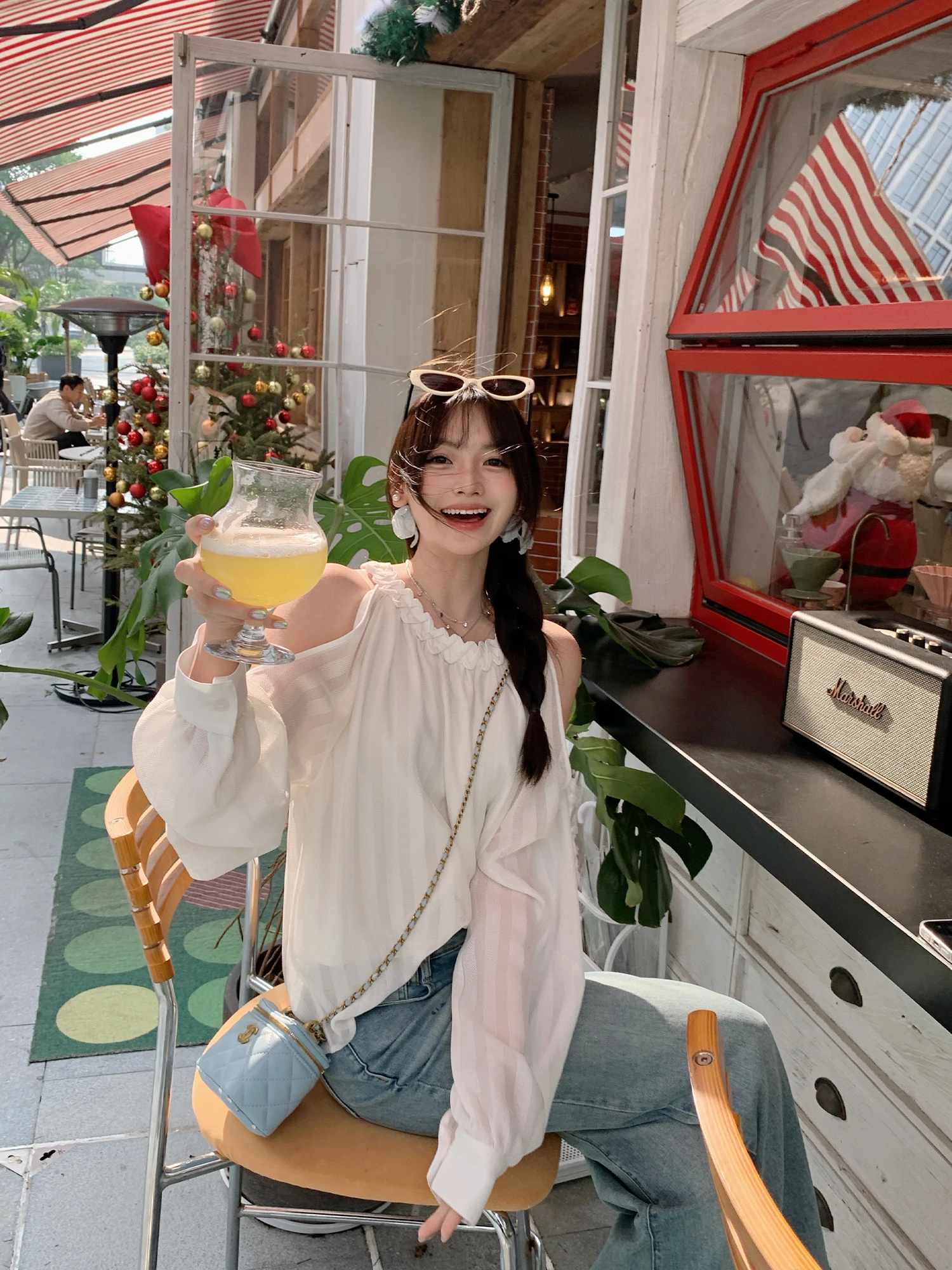 

Loose Holiday Women's Shirt Striped Hollow Long Sleeve Casual Style Polyester Fiber V-neck Button Closure Thin Model