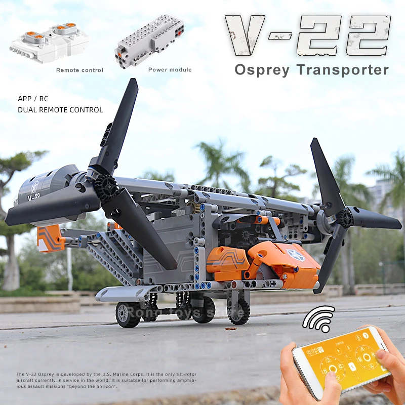 Bloques de construcción de avión Osprey para niños, juguete de ladrillos para armar arma militar de alta tecnología de la Segunda Guerra Mundial, con Control remoto, V-22 de los EE. UU.