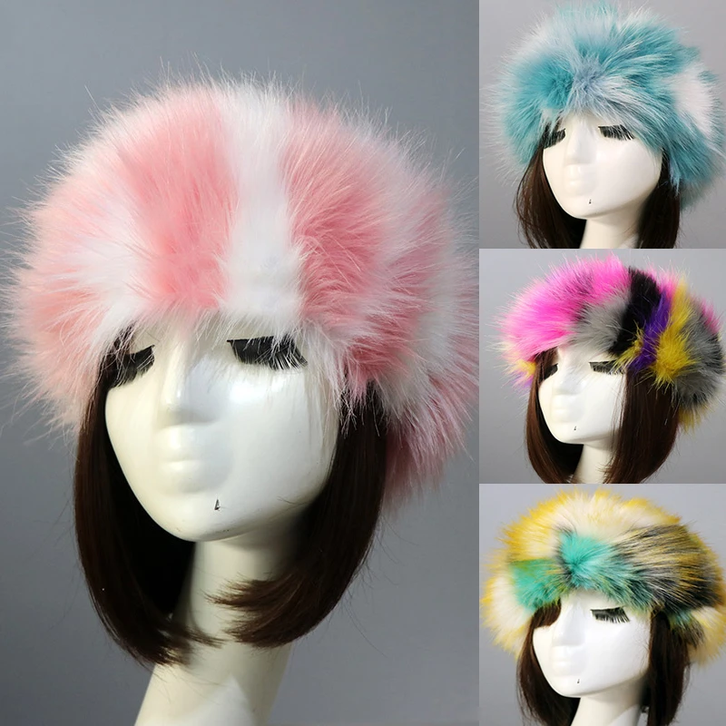 Colourful Pink Women Winter Warm Faux Fox Fur Hats Visor Cap Fluffy Fur Fashion Russian Style Female Round Cap Headgear Fur Caps