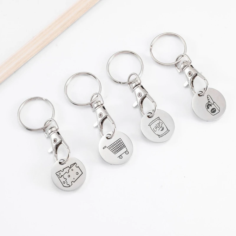 4 Pack Shopping Cart Coin Keychain Shopping Trolley Coin Keyrings Supermarket Coin Bag Pendant Stainless Steel Texture