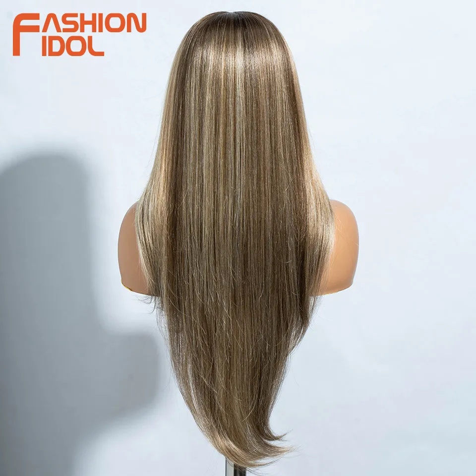 FASHION IDOL Straight Hair Synthetic Wig 13x4 Lace Front Wig Brown Color 28 Inch Heat Resistant Fiber Hair Wigs For Black Women