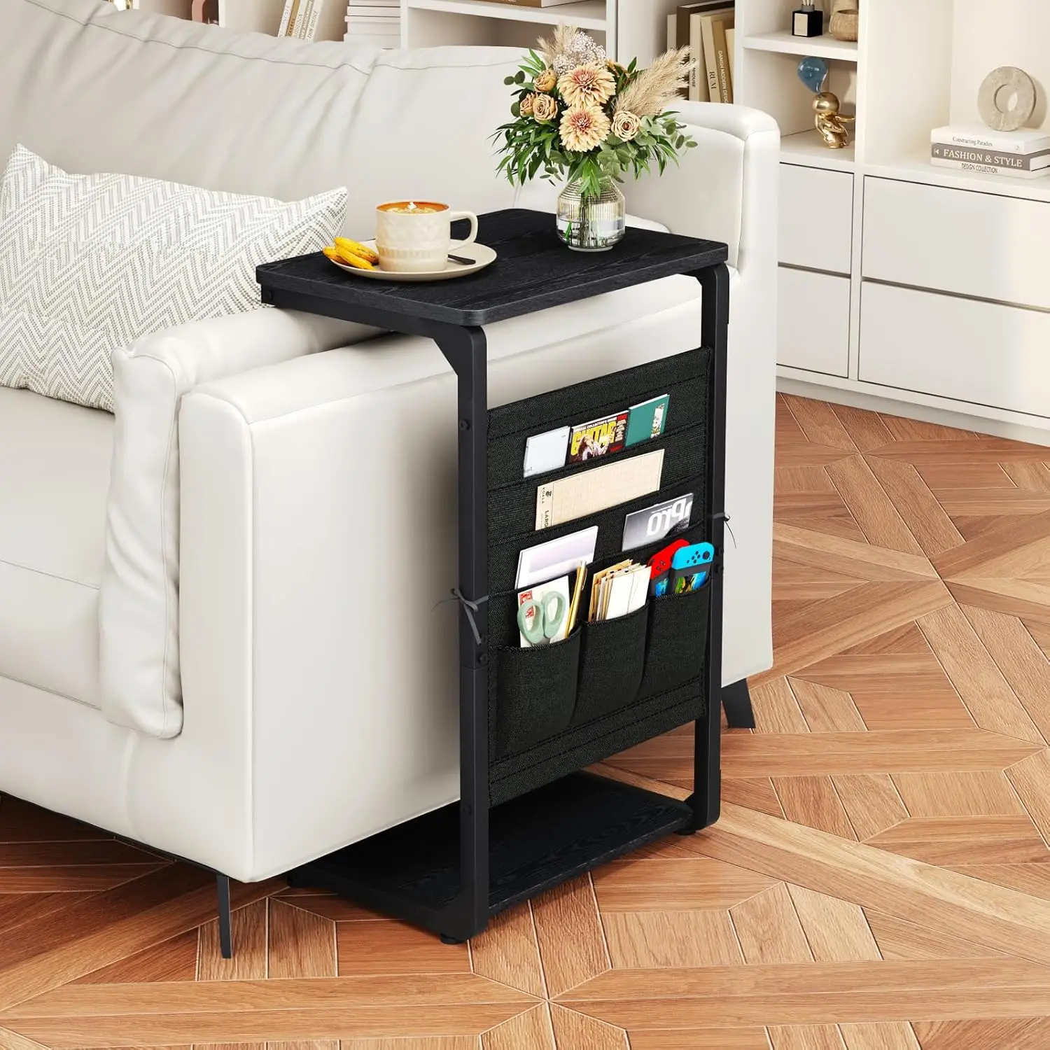 C-Shaped End Table with Storage Bag, Small Sofa Side Table for Living Room or Bedroom