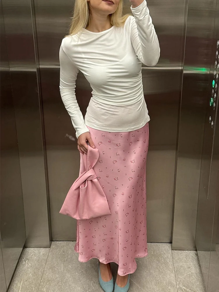 

2025 Floral Printed Satin Skirts for Women High Waist Contrast Patchwork Slim Elegant Party Looks Ladies Y2k Maxi Skirt