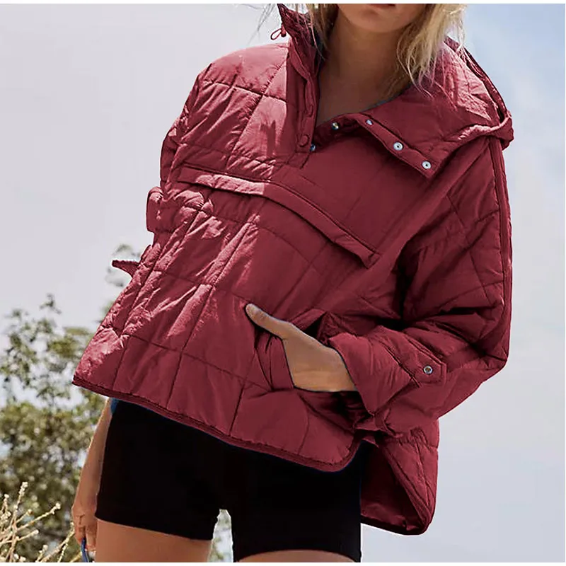 Hooded Thick Pullover Women Covered Button Collar Thick Warm Female Cotton Coat 2023 Autumn Winter Sporty Pocket Lady Jacket