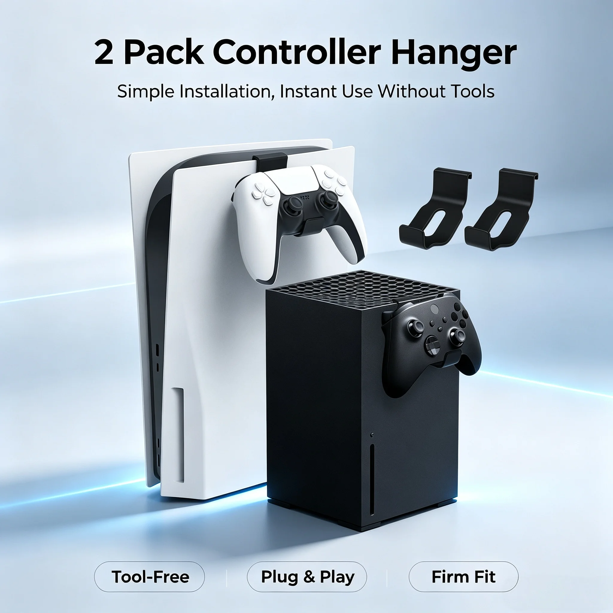 2-Pack Controller & Headset Hanger for PS5 & Xbox Series X – Tool-Free Mount, Space-Saving Gamepad & Headphone Holder
