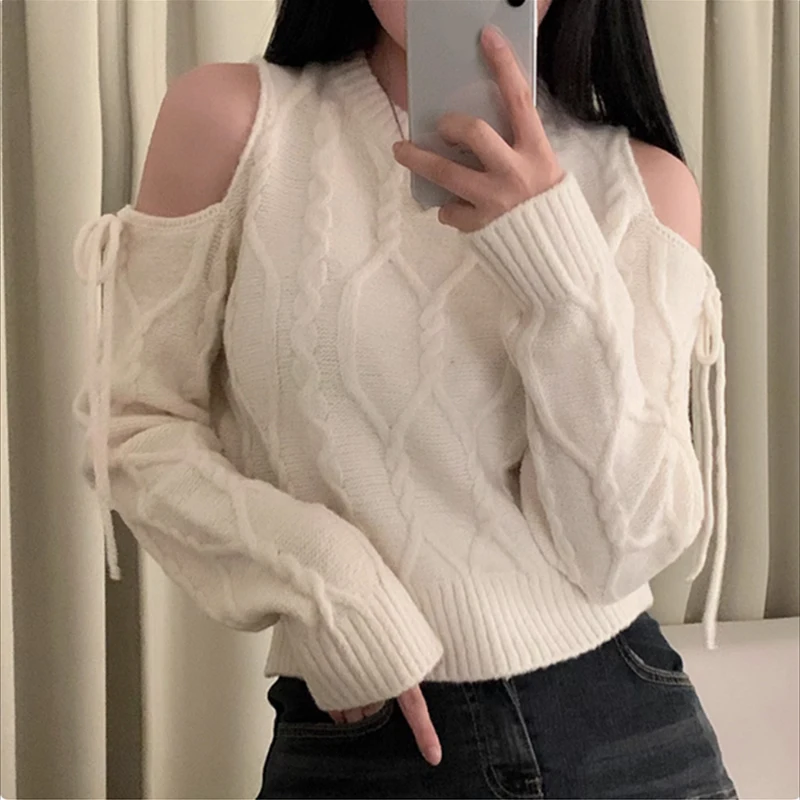 Casual O Neck Long Sleeve Knitted Tops Y2k Off Shoulder Pullover Elegant Solid Sweater Autumn Winter Korean Lace Up Knitwear