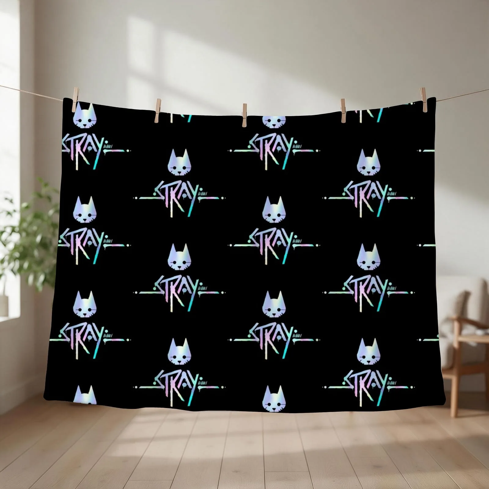 The Stray Game Logo in Holographic Iridescent Rainbow Throw Blanket couch cozy soft plush fuzzy picnic outdoor blanket