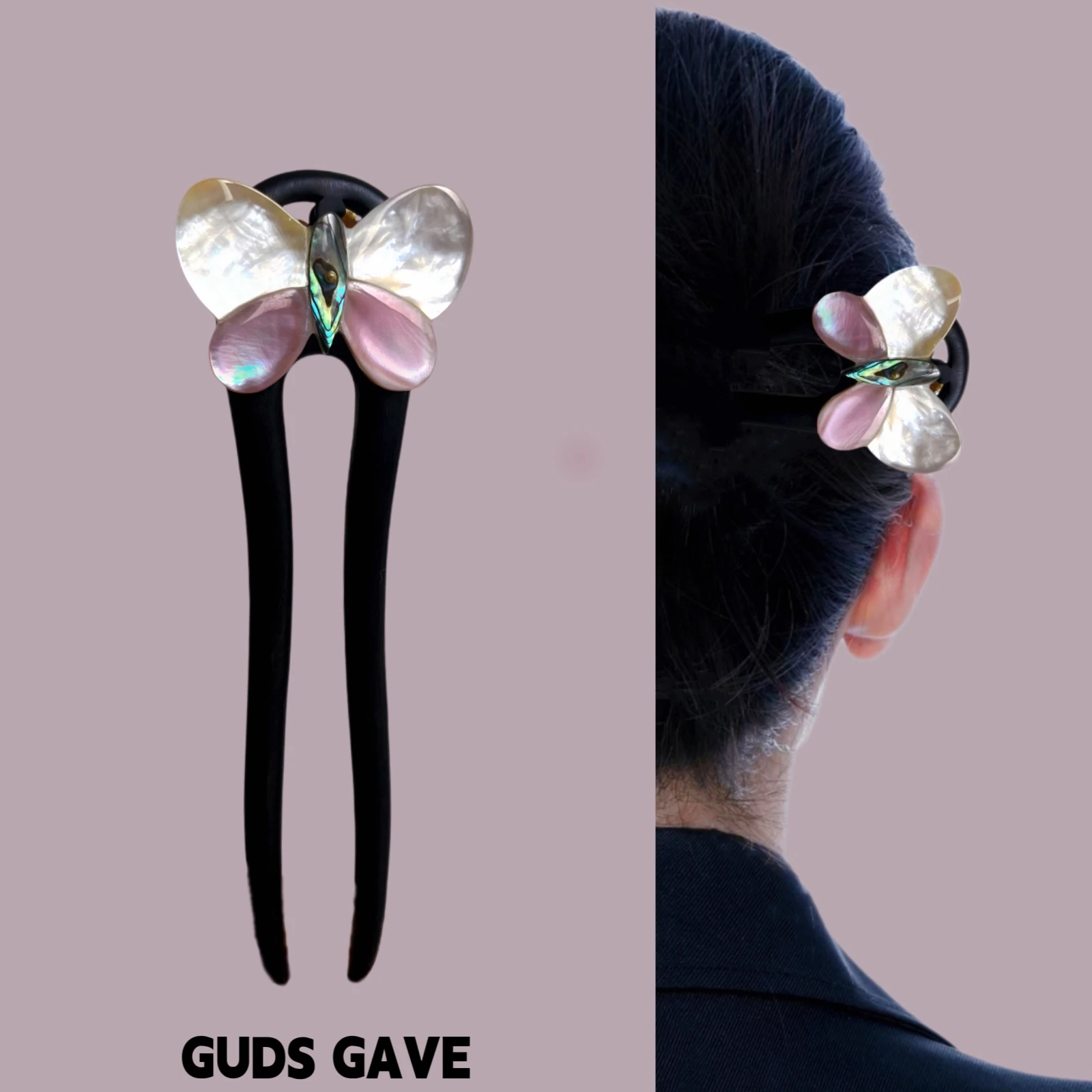 GUDS GAVE Horquilla de Nácar en Forma de U de Ébano Negro, Patrimonio Cultural Inmaterial, Accesorios para el Cabello Elegantes y Delicados para Chicas