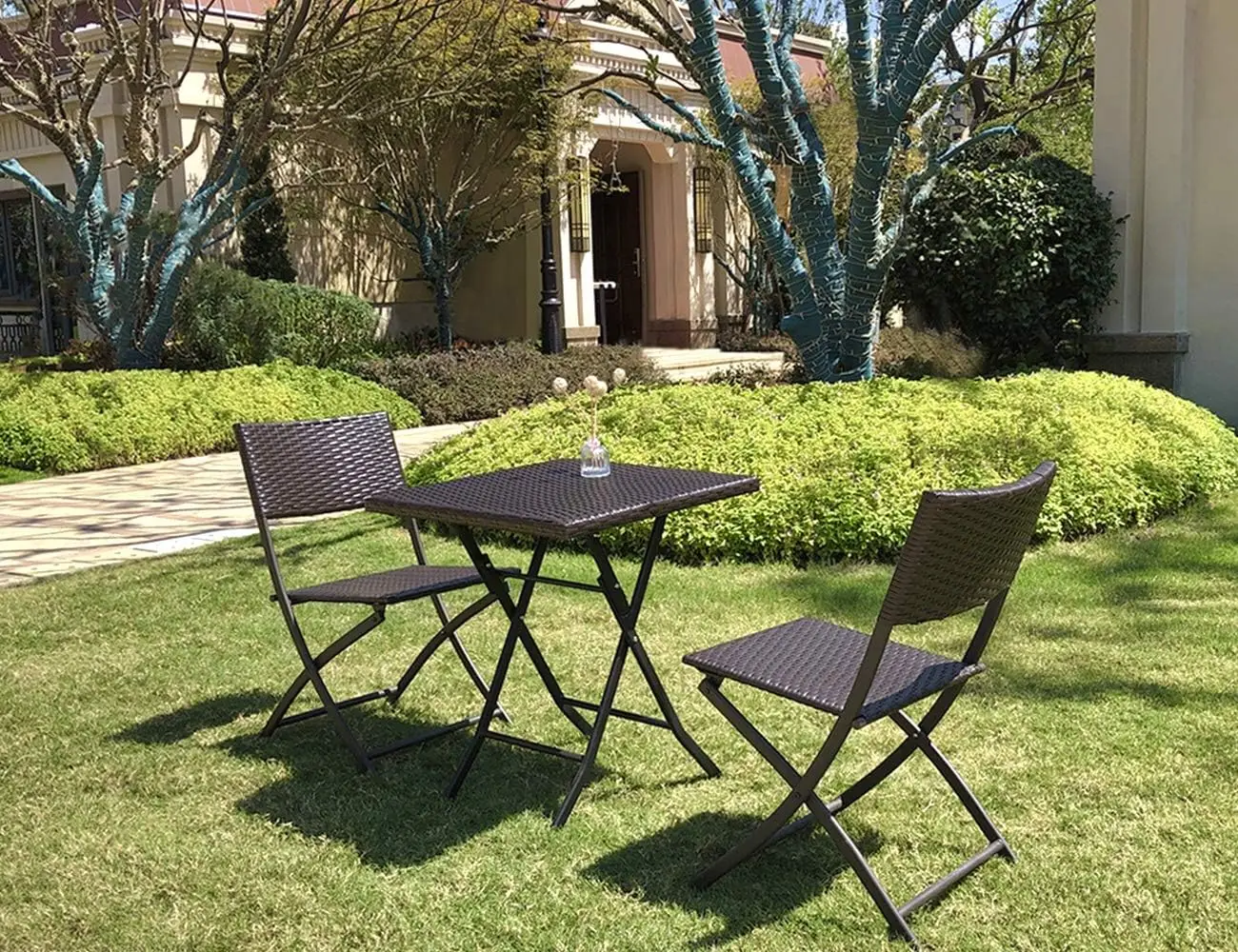 

3-Piece Rattan Folding Bistro Chair Set Handwoven Small Balcony Patio Furniture with Square Table Lightweight