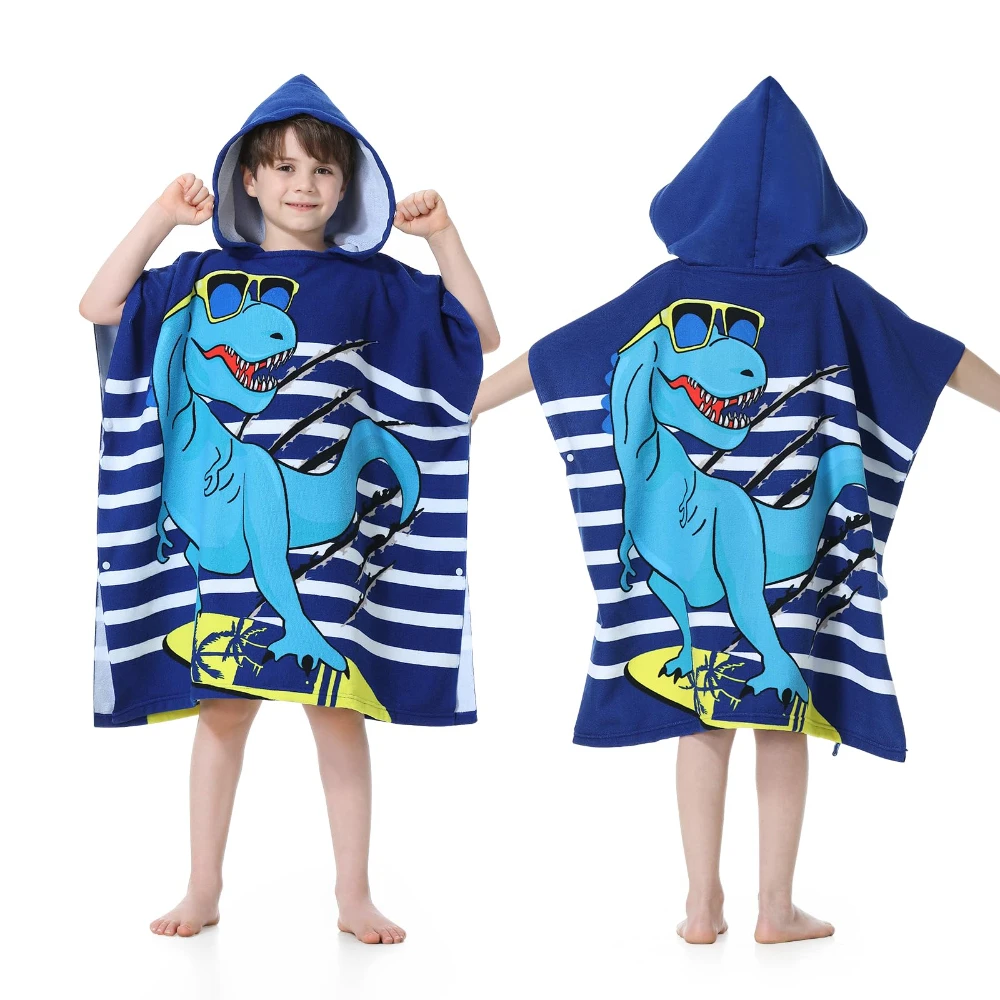 

Kids Hooded Beach Towels for 6-14 Years Girls & Boys Pool Bath Towel Poncho Bathrobe with Drawstring Bag - Blue Dinosaur