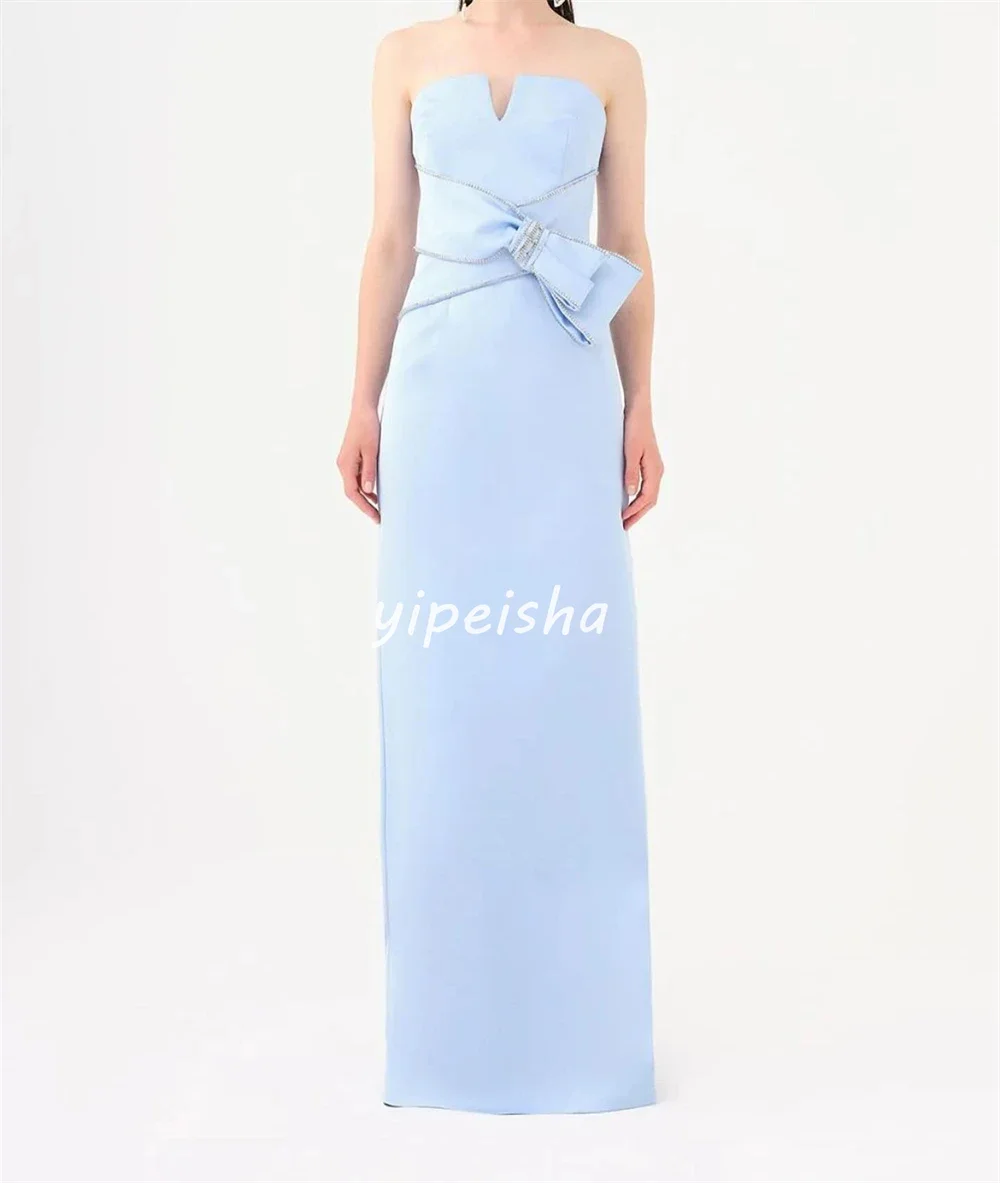 Customized Jersey Bow Beading Evening A-line Strapless Bespoke Occasion Gown Long Dresses