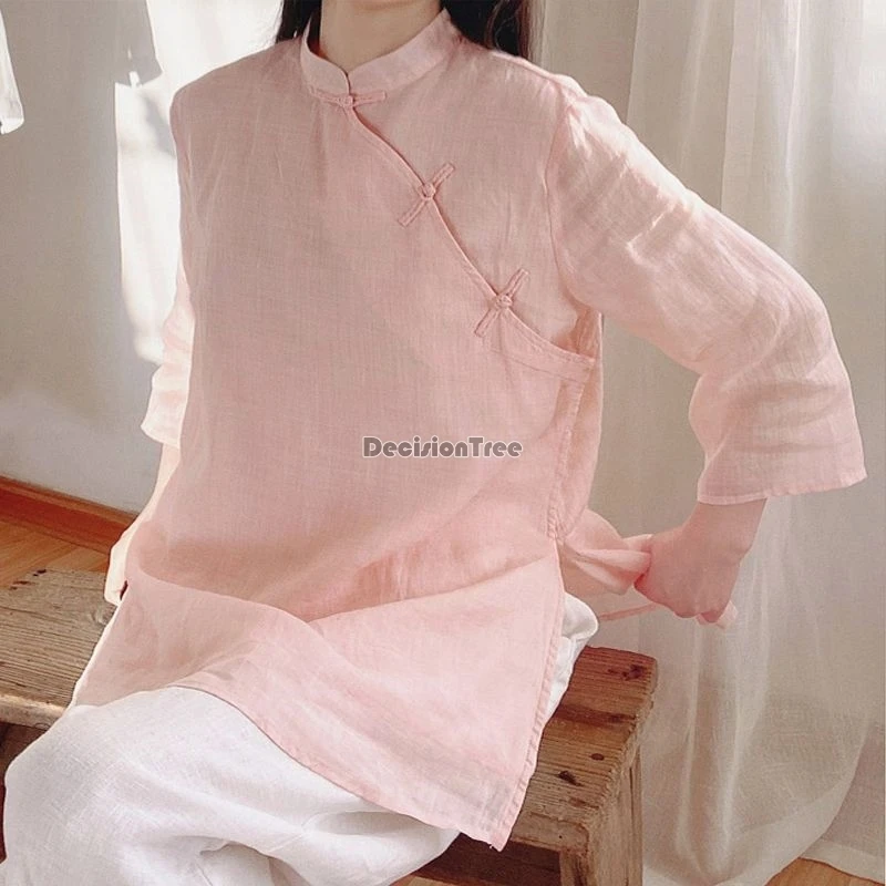 

2024 retro tea art temperament cotton linen top national solid color casual daily blouse diagonal buckle medium length split top