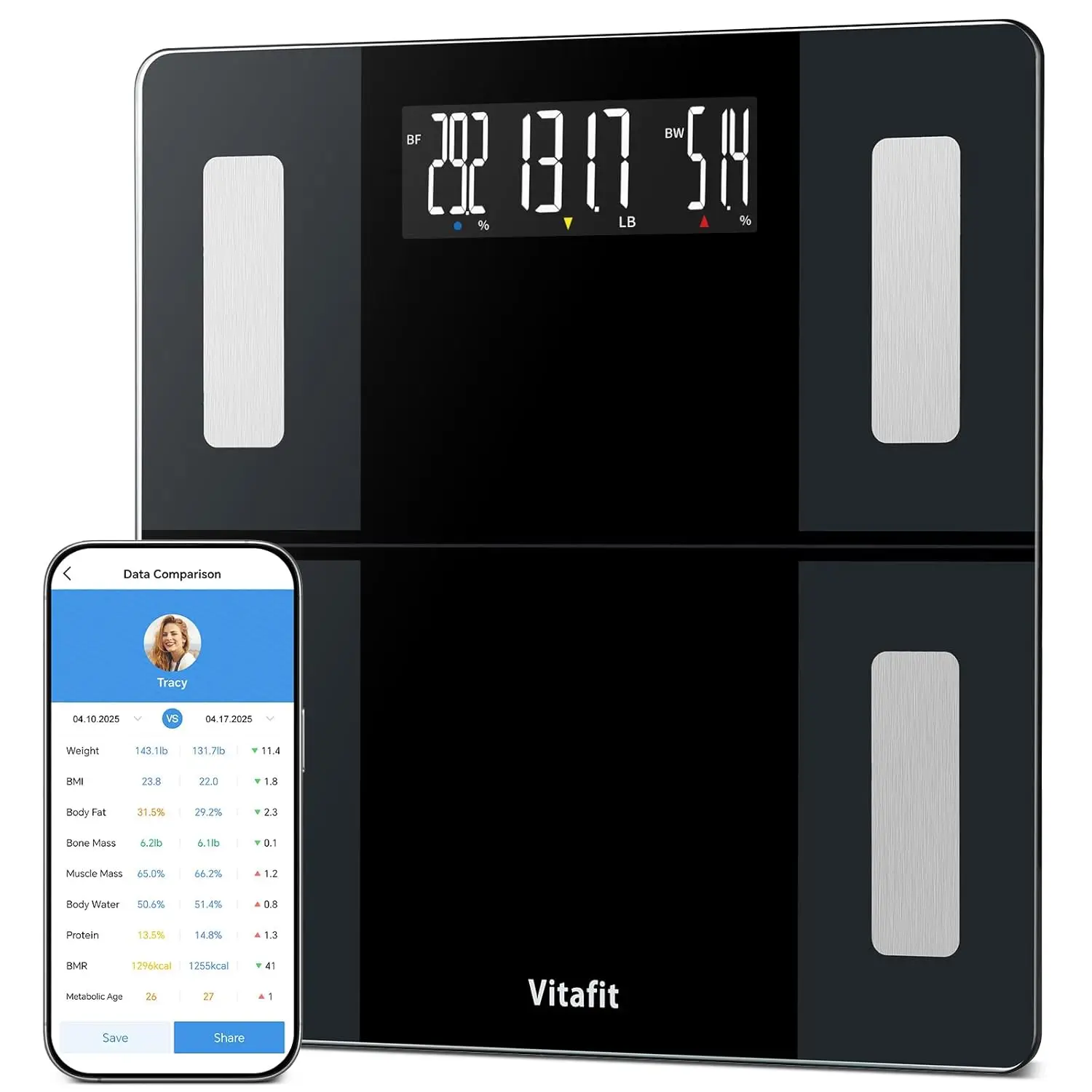 

Smart Bathroom Scale with 550lb Capacity, High Precision 0.1lb Accuracy, App Sync for 13 Body Metrics Including BMI and Fat