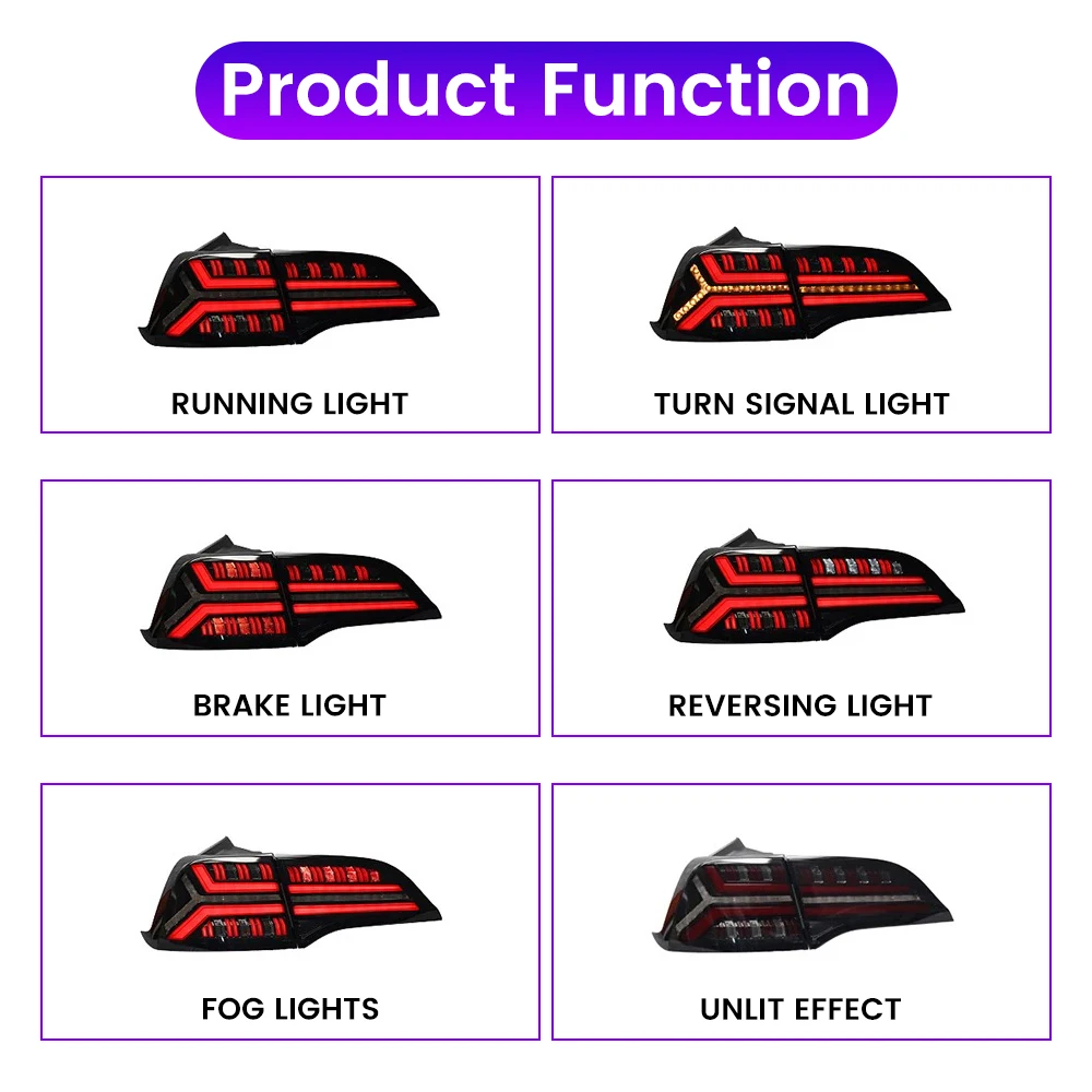 Pair Of LED Tail Lights For Tesla 3 Y 2021-2024 DRL Fog Reverse Brake Turning Signal Plug And Play Car Rear Tail Light Assembly