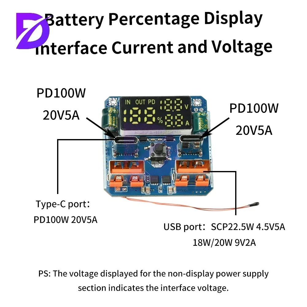 4S PD 100W Lithium Battery Fast Charging Module 20V 5A High-Power with Battery Level Display Thermal Control Protection