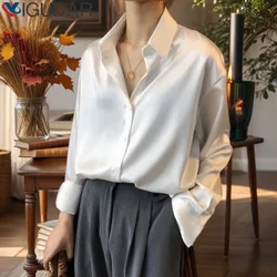 Silk Korean Office Ladies Elegant Shirt Blouse Women tops Fashion Button Up Satin Shirt Long Sleeve Shirts Tops Femme camisas